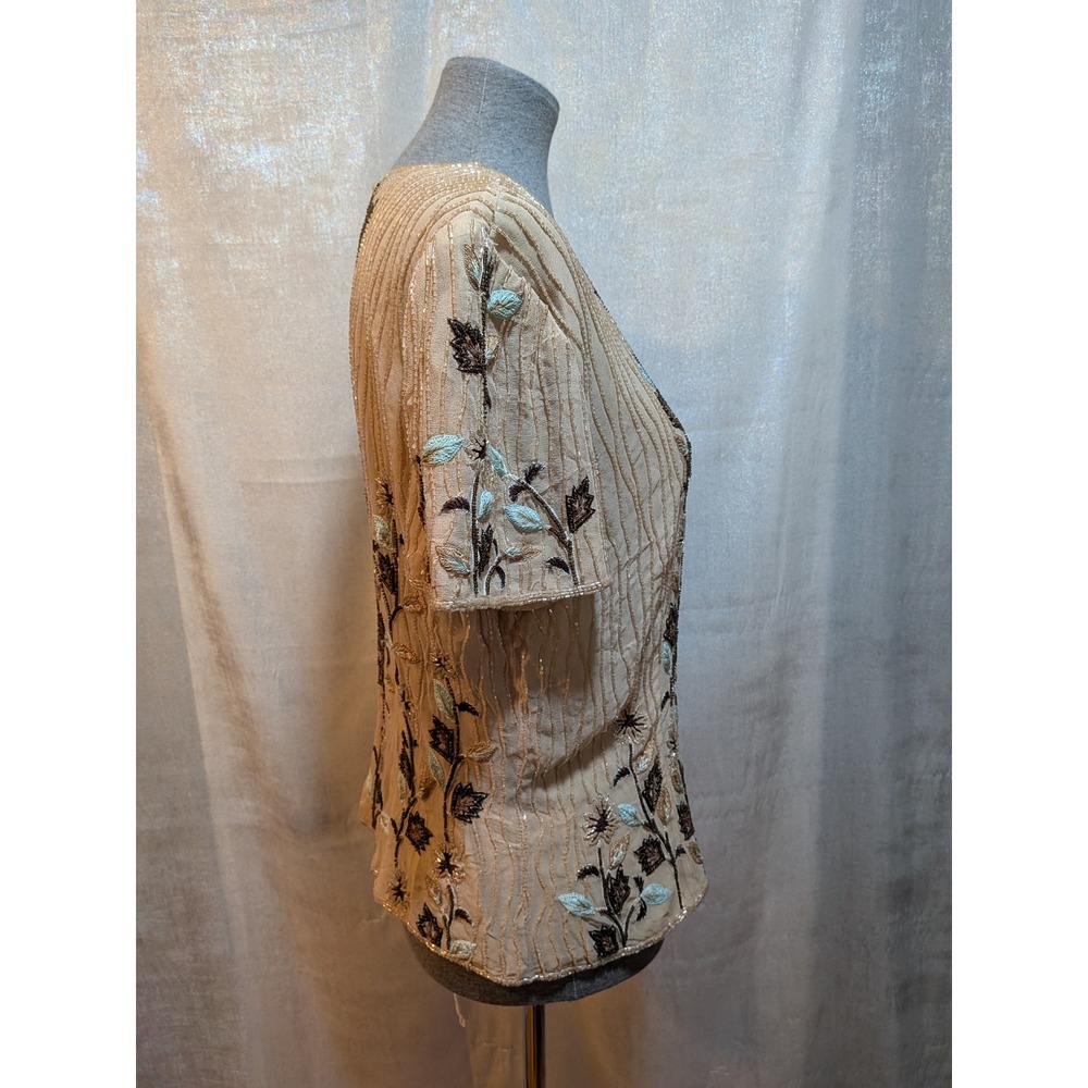 Vintage Adrianna Papell Cottagecore Old Money 14 BeigeBrown Beads Silk FloralTop - Picture 5 of 10